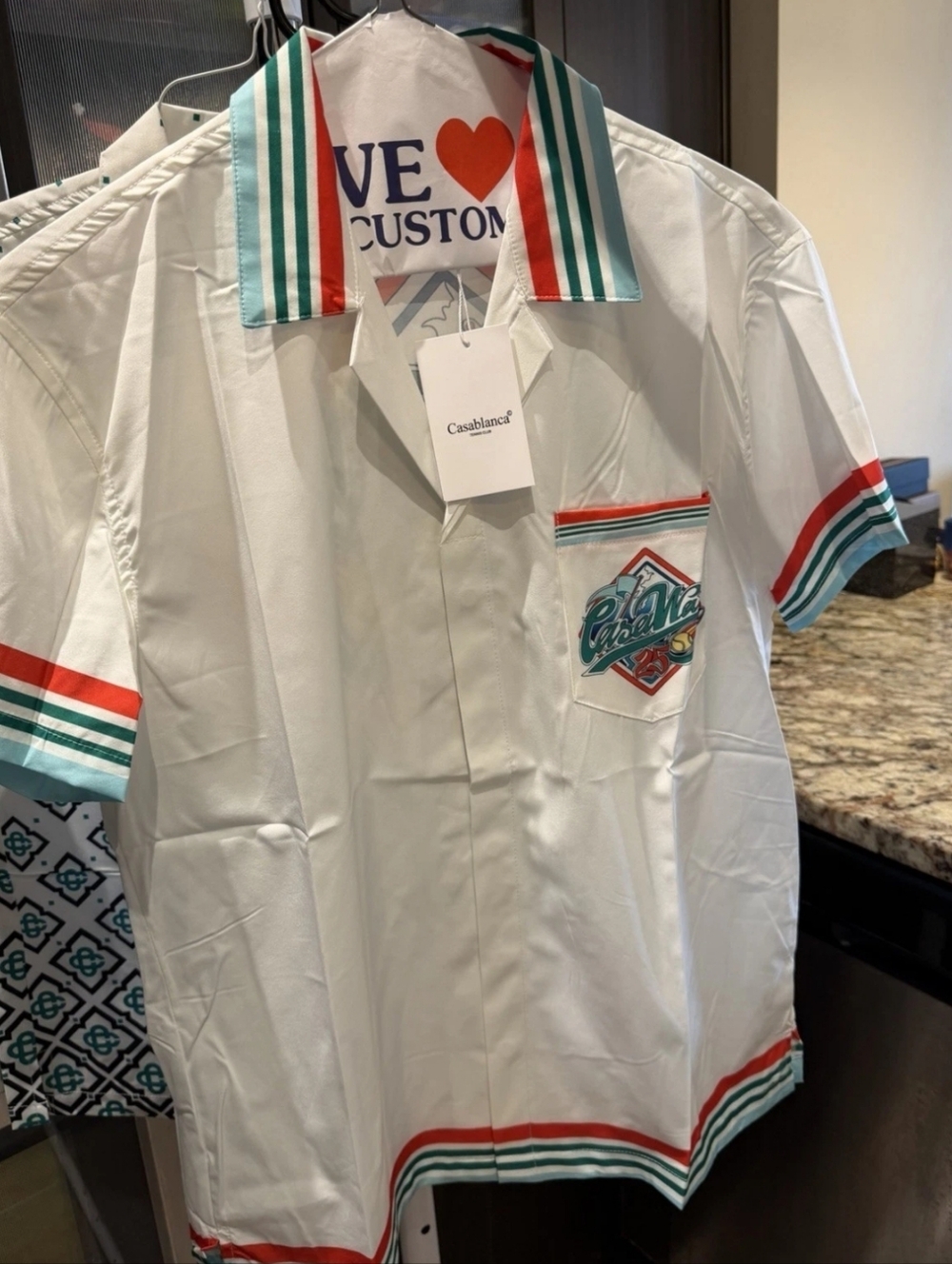 Casablanca White Short-Sleeve Bowling Shirt with Red & Teal Trim
